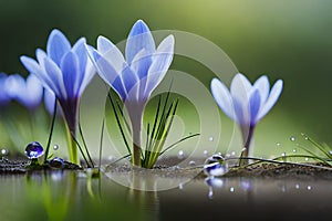 Spring flowers of blue crocuses in drops of water on the background of tracks of rain drops