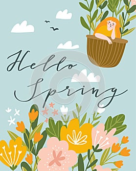 Spring flowers on the blue sky and girl flying in a balloon. Spring poster or greeting card design with lettering - `Hello spring