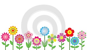 Spring flowers border isolated on white background. Simple colorful floral icons in bright colors. Decorative flower