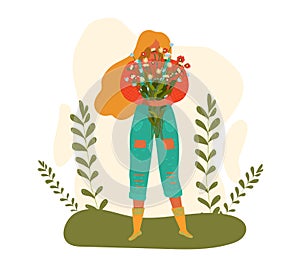 Spring flowers bouquet and happy girl holding flowers. Happy womans day. Spring holiday vector illustration isolated on