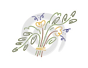 Spring flowers bouquet. Lineart wild floral bunch. Abstract field posy, blooms and leaf. Romantic gift, blossomed