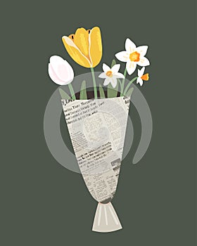 Spring flowers bouquet in newspaper. Tulips and daffodils greeting card for international women day.