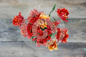 Spring flowers. Bouquet of Red tulips on brown wooden background. Mother's Day and Valentines Day background
