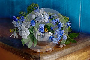 Spring flowers.Bouquet of snowdrops in a metal vase on a blue background