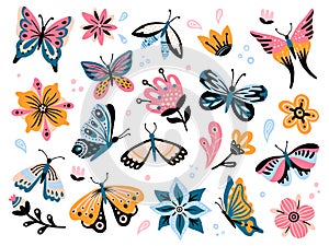 Spring flowers and butterflies. Colorful garden flower, floral decor and elegant butterfy isolated vector set
