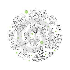 Spring Flowers of Circular Shape, Wild Meadow Plants and Leaves Banner Template Hand Drawn Vector Illustration