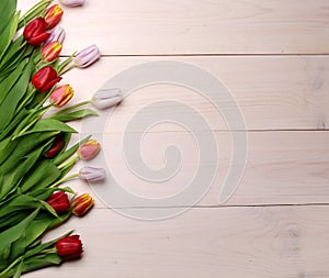 Spring flowers composition on the wooden background.Top view colorful tulips  on a wooden surface. Copy space