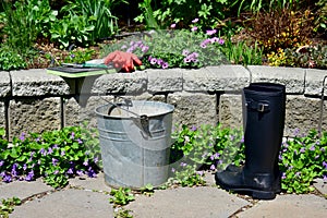 Spring flowers in early season garden with tools and weeding pail ready for garden maintenance