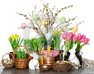 Spring flowers with easter bunny and eggs decoration