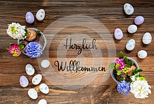 Spring Flowers With Easter Egg Decoration, Herzlich Willkommen Means Welcome