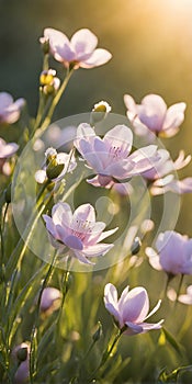 Spring flowers emerging gently, a burst of life in a minimalist landscape. Softly out of focus, lending an ethereal charm