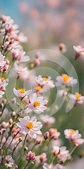 Spring flowers emerging gently, a burst of life in a minimalist landscape. Softly out of focus, lending an ethereal charm