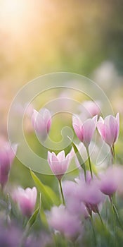 Spring flowers emerging gently, a burst of life in a minimalist landscape. Softly out of focus, lending an ethereal charm