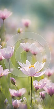 Spring flowers emerging gently, a burst of life in a minimalist landscape. Softly out of focus, lending an ethereal charm