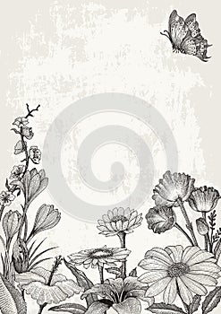 Spring flowers frame hand drawing vintage style on grunge background