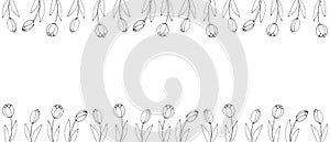 Spring flowers. Frame from outline tulips. Vector doodle hand drawn isolated. Horizontal top and bottom edging, border, decoration