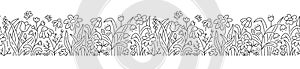 Spring flowers horizontal border. Line doodle floral repeat outline illustration with daisy, clover, tulip and other