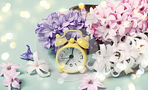Spring Flowers Hyacinths and alarm clock. Springtime concept