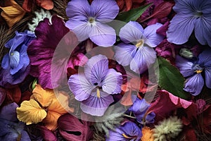 Spring flowers and leaves in purple and blue