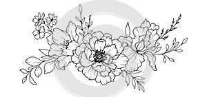 Spring Flowers Line Drawing. Black and white Floral Bouquets. Flower Coloring Page. Floral Line Art. Fine Line Flowers