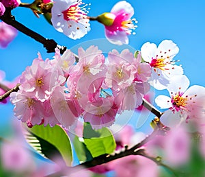 Spring flowers  pink sacura branch on blue sky