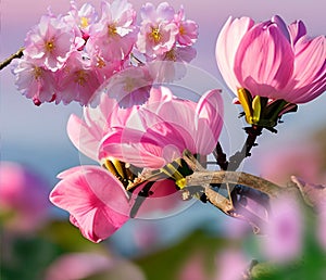 Spring flowers  pink sacura branch on blue sky