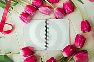 Primavera fiori. rosa tulipano su bianco di legno 