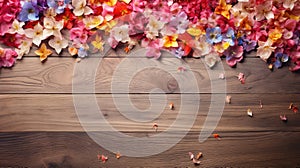 spring flowers and scattered petals on rustic wooden texture table top view with copy space