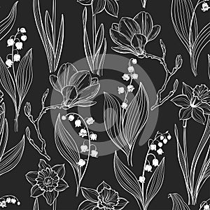 Spring flowers. Seamless pattern with magnolia, lily of the valley and narcissus on a black background. Vector. Line art.