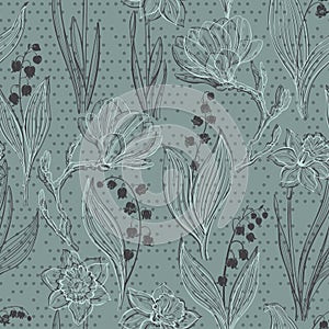 Spring flowers. Seamless pattern with magnolia, lily of the valley and narcissus on polka dot background. Vector. Line art.