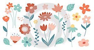 Spring flowers set. Floral and leaves elements collection