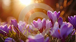 Spring flowers in sunny day in nature, Crocuses, Colorful natural spring background,