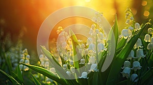 Spring flowers in sunny day in nature, Lily of the valley