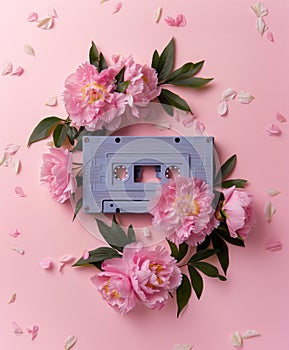 Spring flowers surrounding a retro audio cassette.