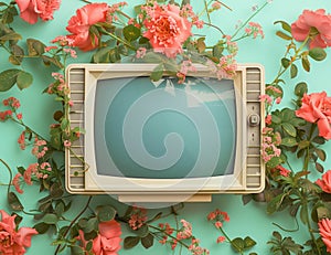 Spring flowers surrounding a retro TV screen.