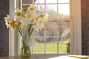 Spring flowers on table in vase with dark greys and blacks with