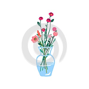 Spring flowers in vase. Gentle field floral plants. Fresh blooms. Simple fragile wild blossoms. Cut meadow wildflowers