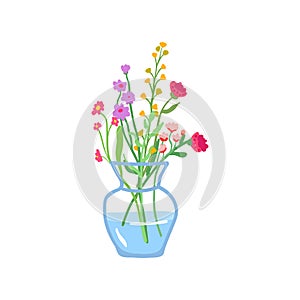 Spring flowers in vase. Gentle field floral plants. Fresh blooms. Simple fragile wild blossoms. Cut meadow wildflowers