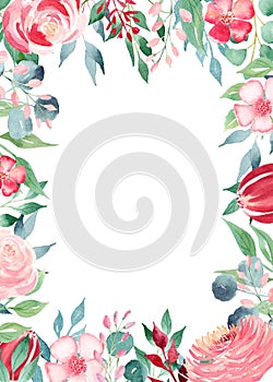 Spring flowers watercolor hand drawn raster frame template