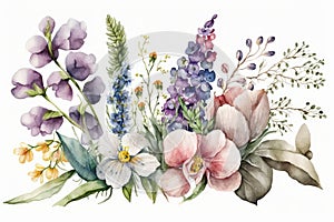 Spring Flowers Watercolor illustrations. Beauty Springtime. Isolated on white background