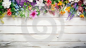 spring flowers on white rustic wooden table top view with copy space