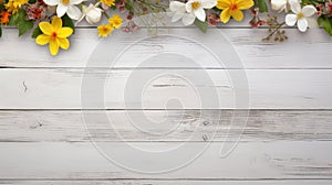 spring flowers on white rustic wooden table top view with copy space