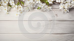 spring flowers on white rustic wooden texture table top view with copy space
