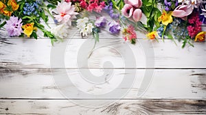 spring flowers on white rustic wooden texture table top view with copy space