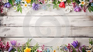 spring flowers on white rustic wooden texture table top view with copy space