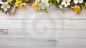spring flowers on white rustic wooden texture table top view with copy space