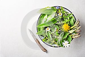 Spring food with flowers, herbs and plants