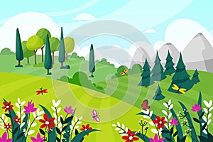 Spring forest landscape. Nature panorama with mountains and green hills. Season scenery of park lawns. Countryside