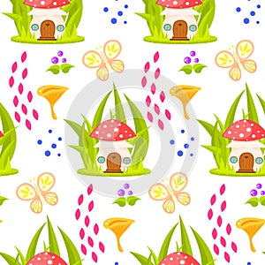 Spring forest mushroom house seamless pattern.