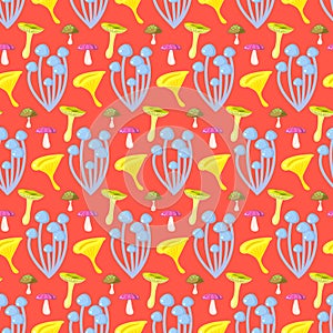 Spring forest mushroom seamless pattern.